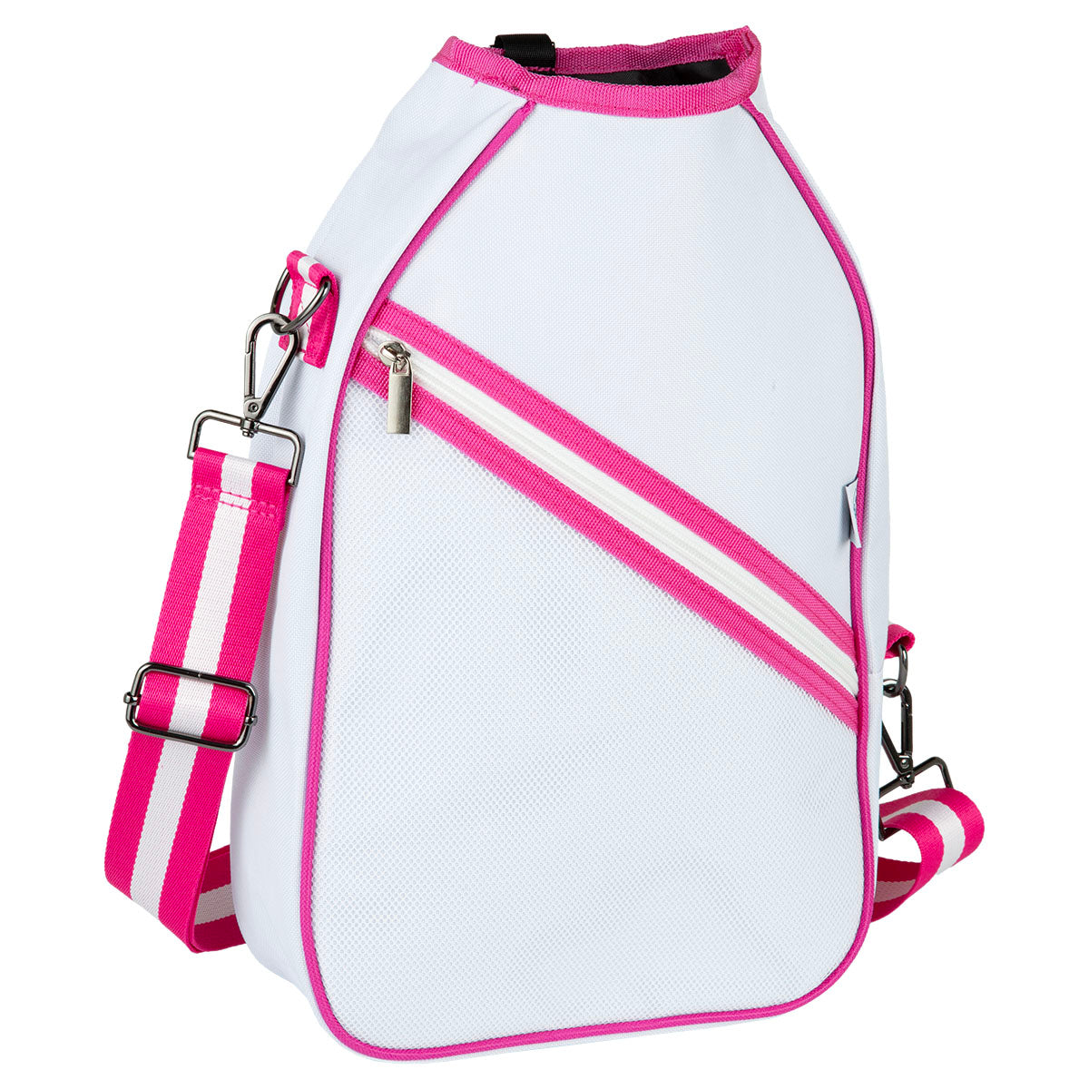 White  pickleball backpack with pink straps and accents on a white background