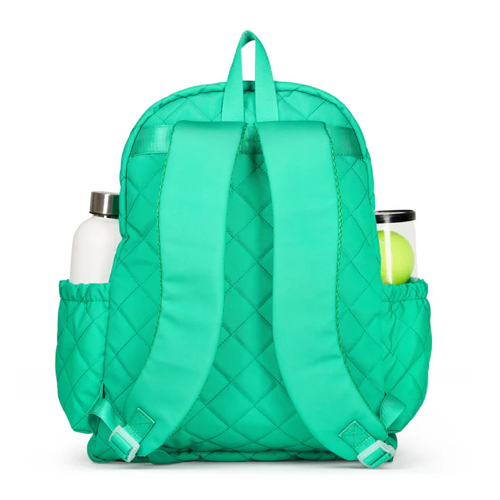 Green quilted tennis backpack with pockets on a white background