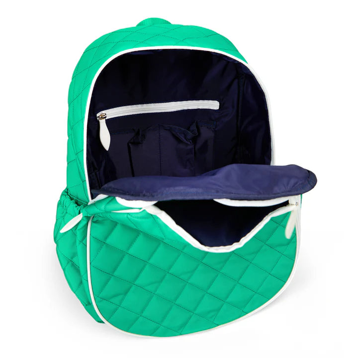 Green quilted tennis bag with a navy interior on a white background