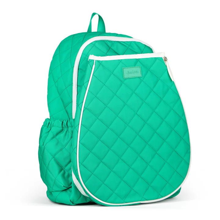 Green quilted tennis backpack with a matching pouch on a white background