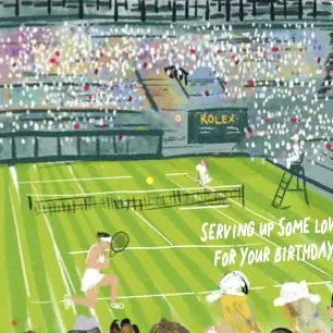 Illustration of a tennis match with a birthday message on a tennis court.