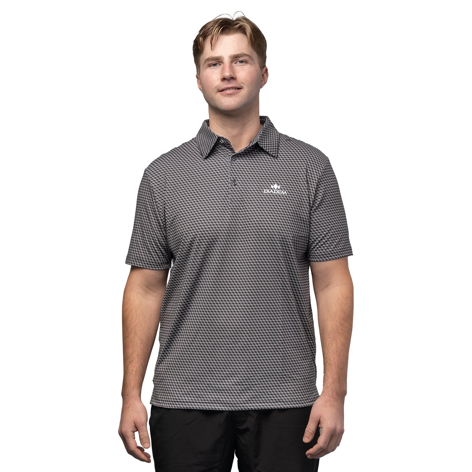 Man wearing a patterned polo shirt on a white background