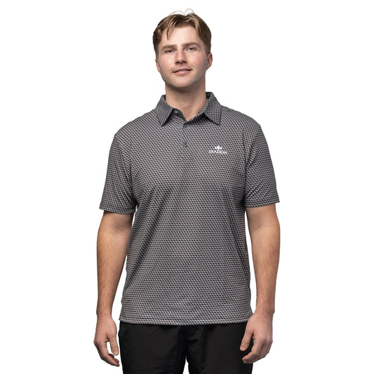 Man wearing a patterned polo shirt on a white background