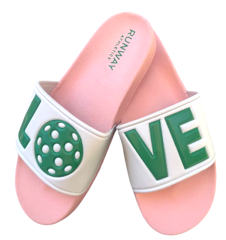 Pink pickleball slides with green and white text on a white background