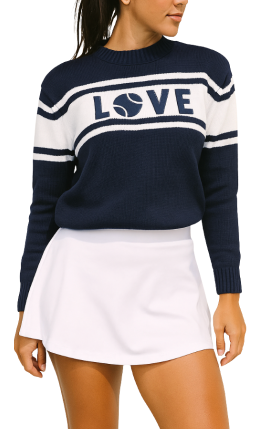 Navy blue sweater with 'LOVE' text worn by a person, paired with a white skirt.