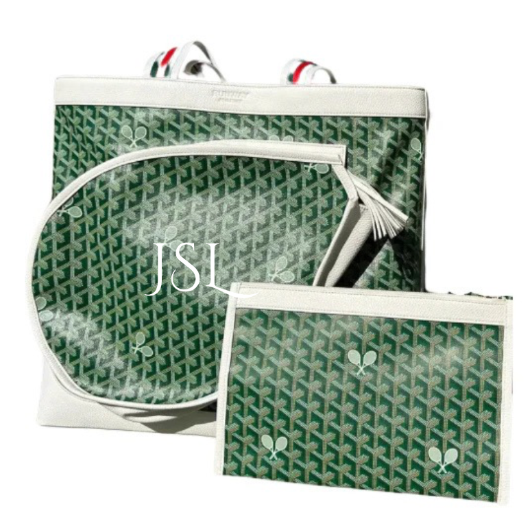 Green and white patterned pouch with 'JSL' monogram on a white background