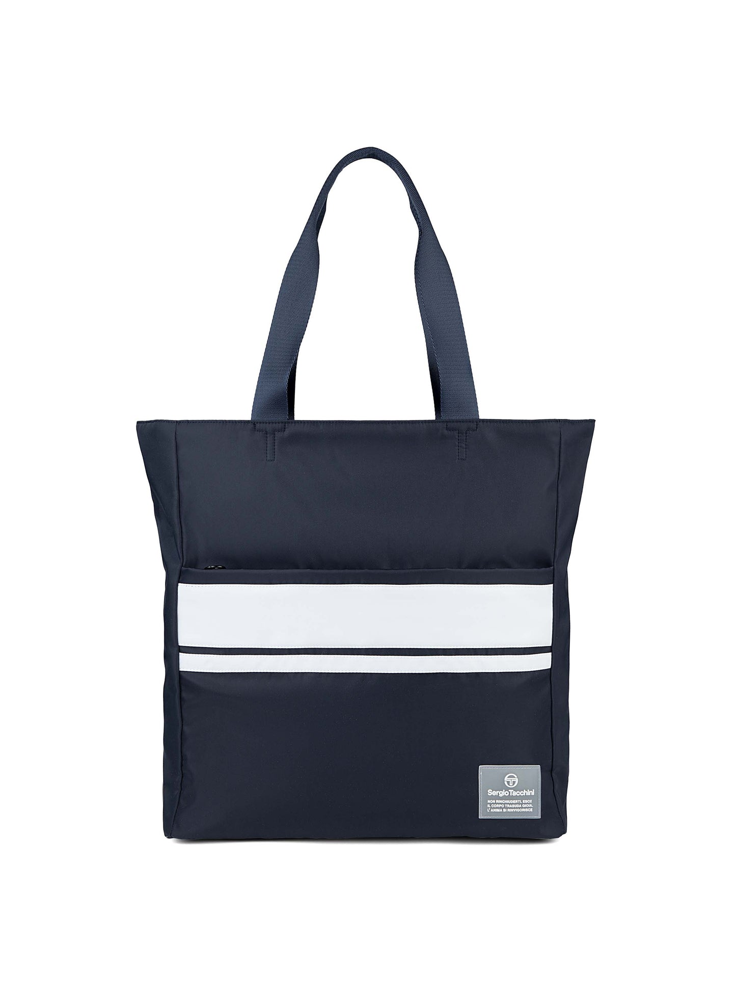 Black tote bag with a white stripe on a white background