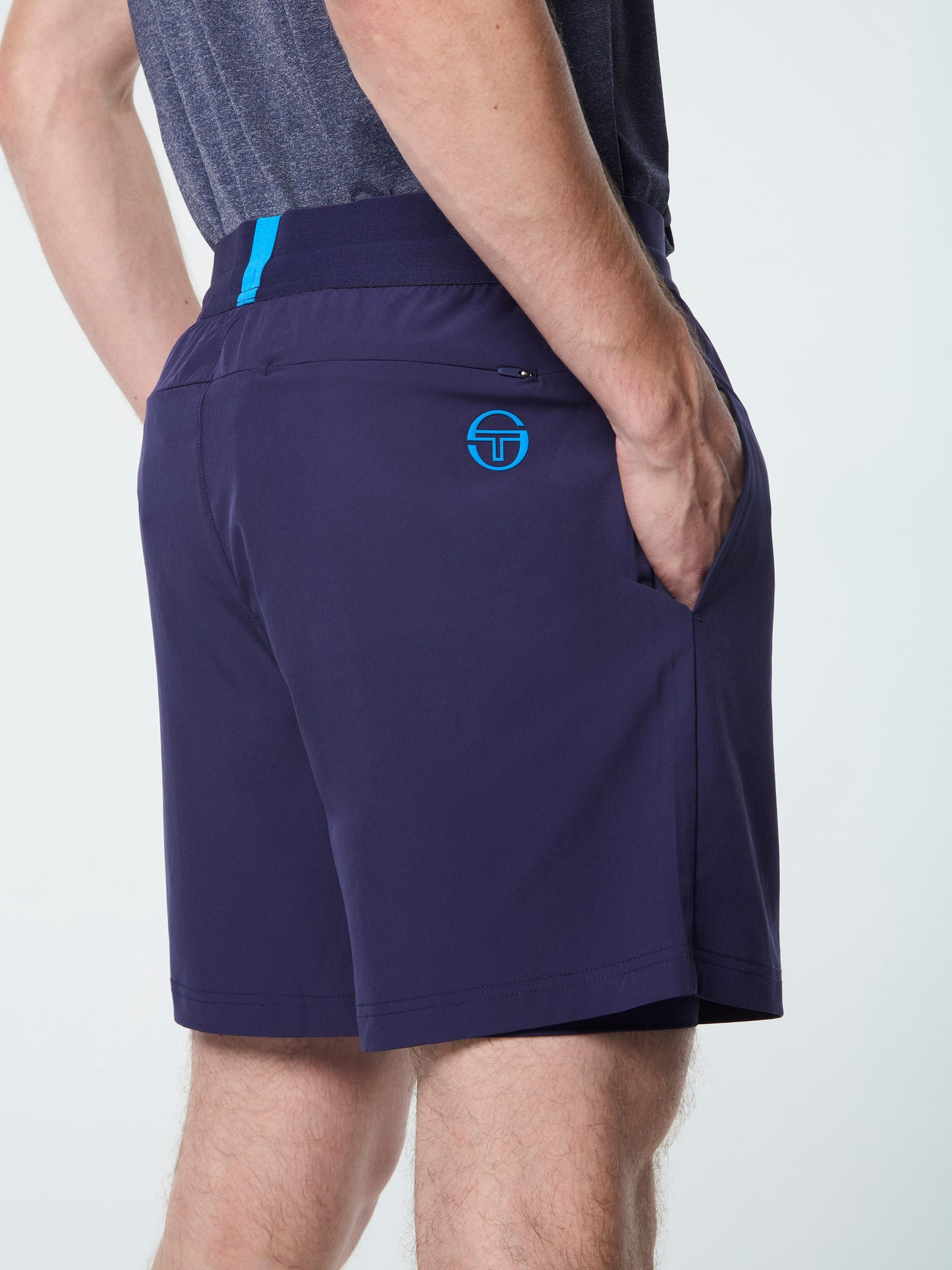 Navy shorts with a brand logo on a white background