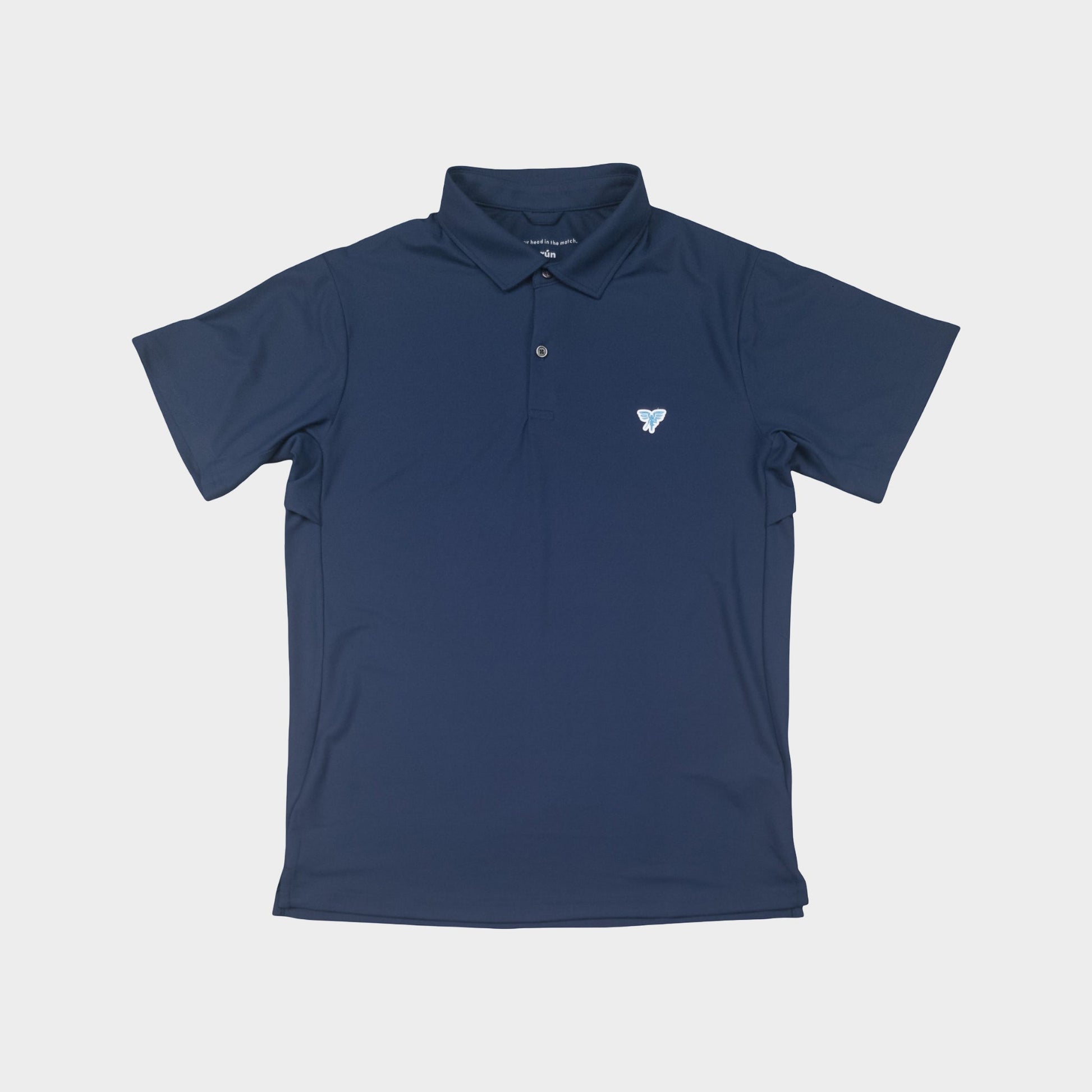 Navy blue polo shirt with a small white logo on a light gray background