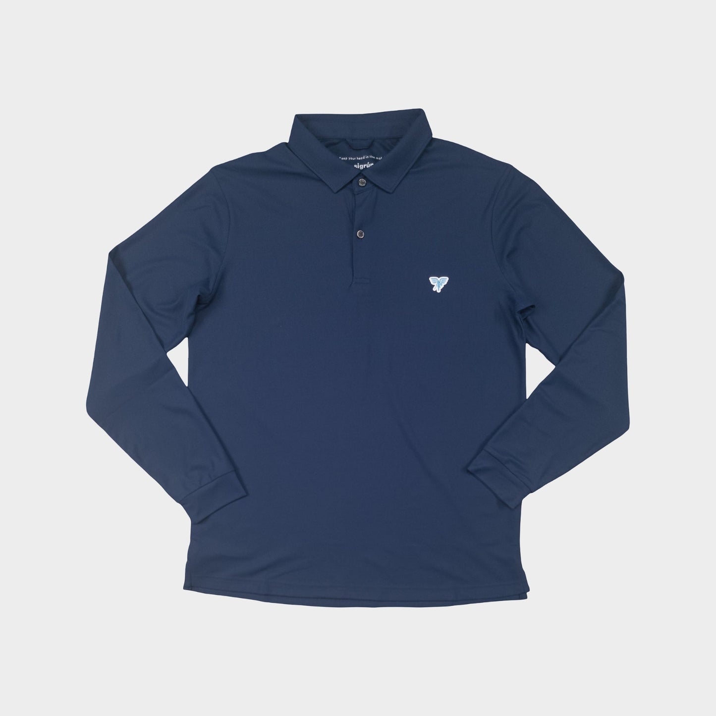 Navy long-sleeve polo shirt with a small logo on a light gray background