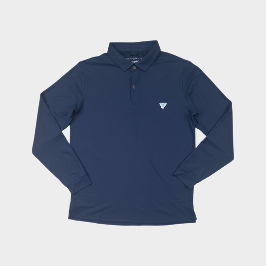 Navy long-sleeve polo shirt with a small logo on a light gray background