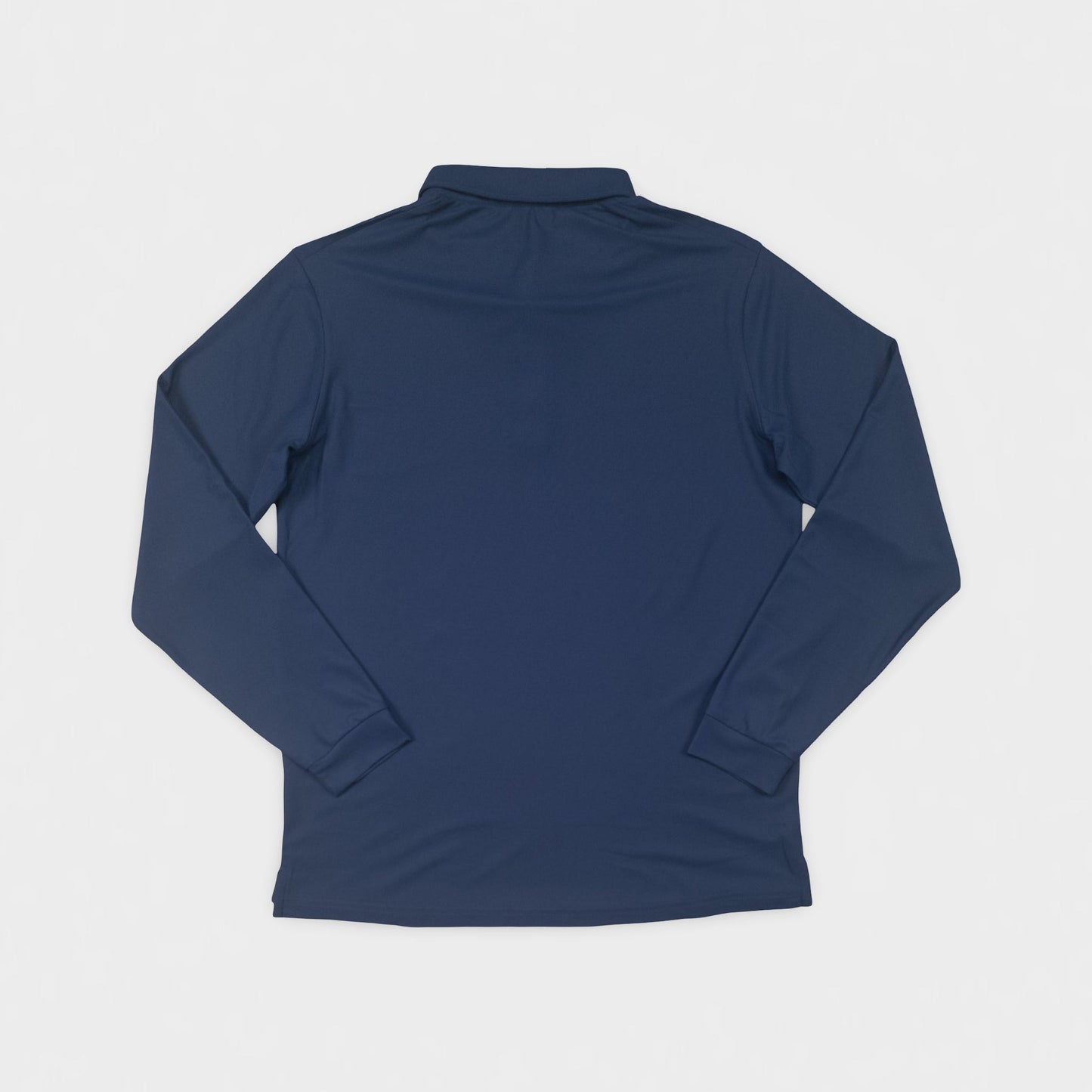 Navy long-sleeve shirt on a light gray background