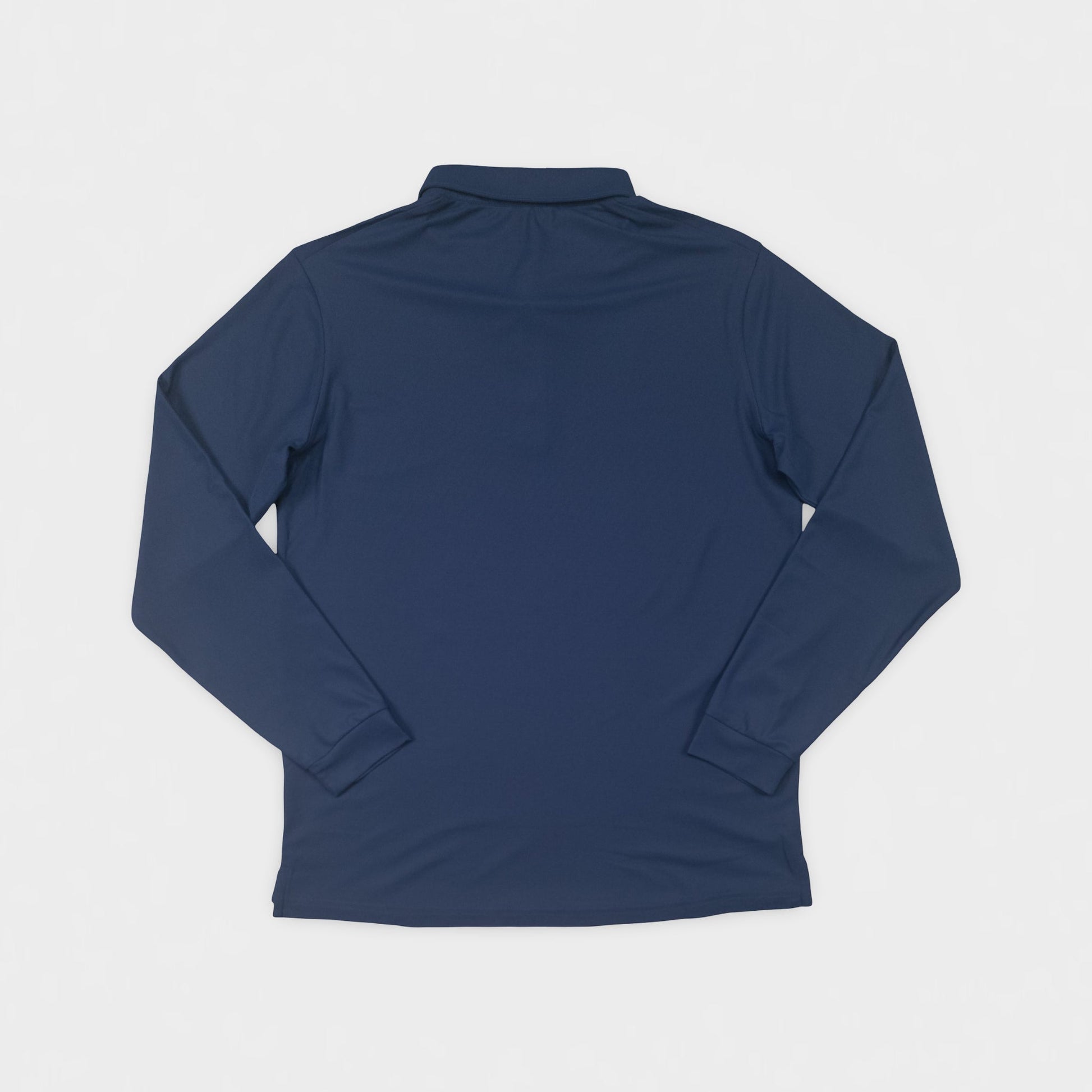 Navy long-sleeve shirt on a light gray background