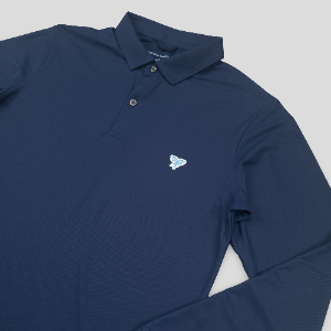 Navy blue polo shirt with a small white logo on a light gray background