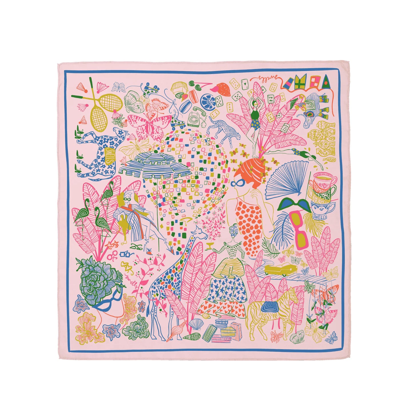 Colorful patterned scarf with various designs on a white background