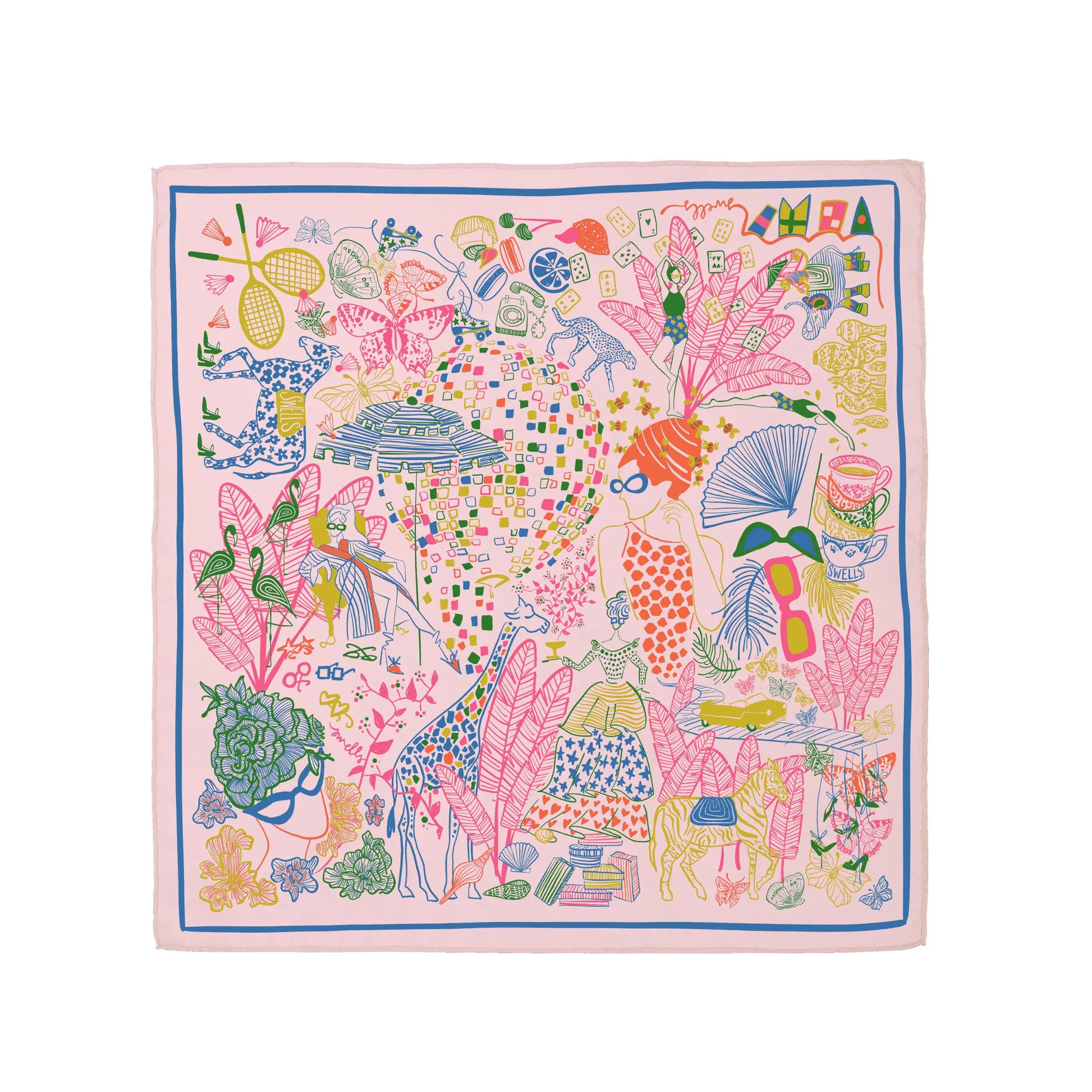 Colorful patterned scarf with various designs on a white background