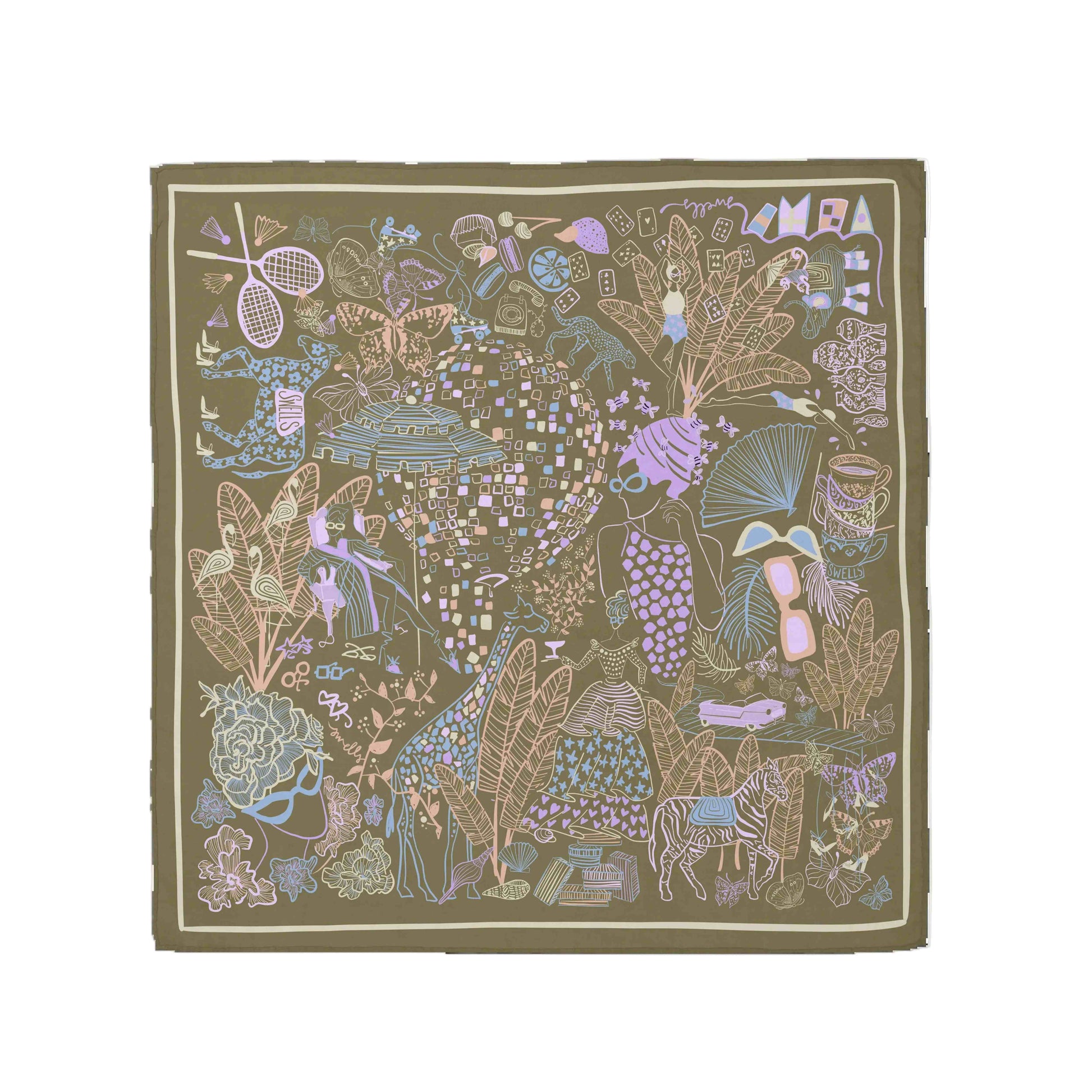 Decorative square scarf with nature-themed design on a white background