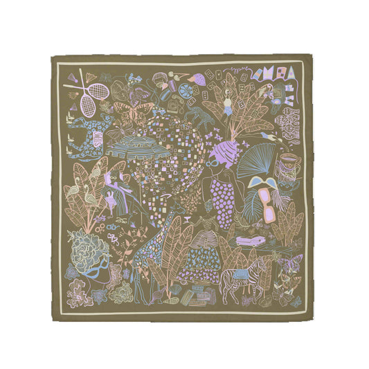 Decorative square scarf with nature-themed design on a white background