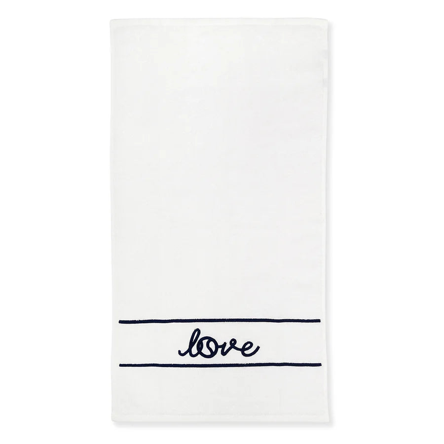 Ame & Lulu Tennis Towel with love in navy blue on TennisDuJour.com.