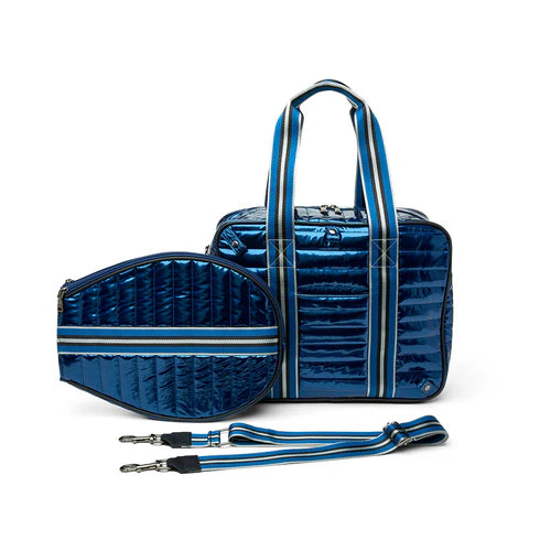THINK ROYLN Champion Tennis bag and racquet cover in patent blue on TennisDuJour.com