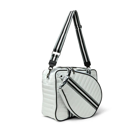 THINK ROYLN Champion tennis bag in patent white on TennisDuJour.com