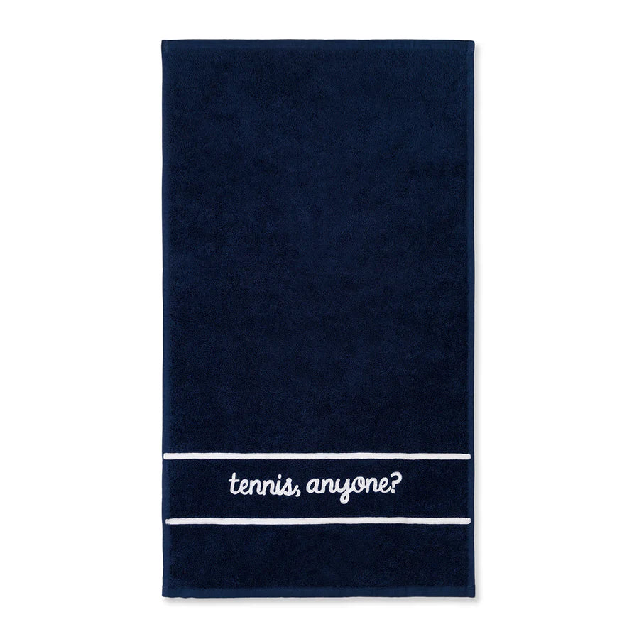 Ame & Lulu navy Tennis Towel with "tennis anyone?" on TennisDuJour.com.