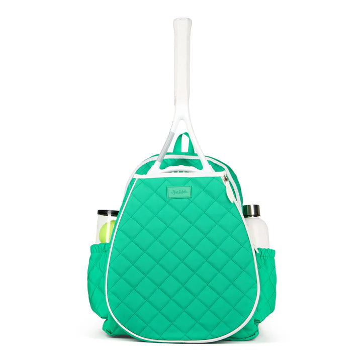 Green quilted tennis bag with a racket and bottles on a white background