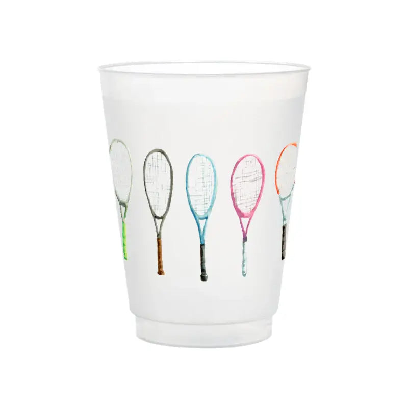 Clear plastic cup with painted tennis racquets by Taylor Paladino on Tennis DuJour.