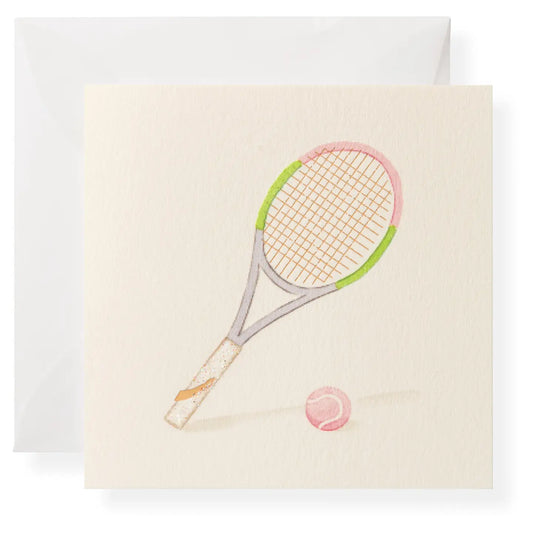 Gift enclosure with tennis racquet and ball in muted colors on Tennis DuJour.