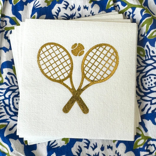 Cream linen cocktail napkins with gold tennis ball and racquets on Tennis DuJour.