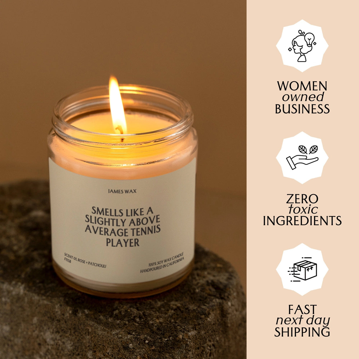 Burning candle with "smells like above average tennis player" on label.