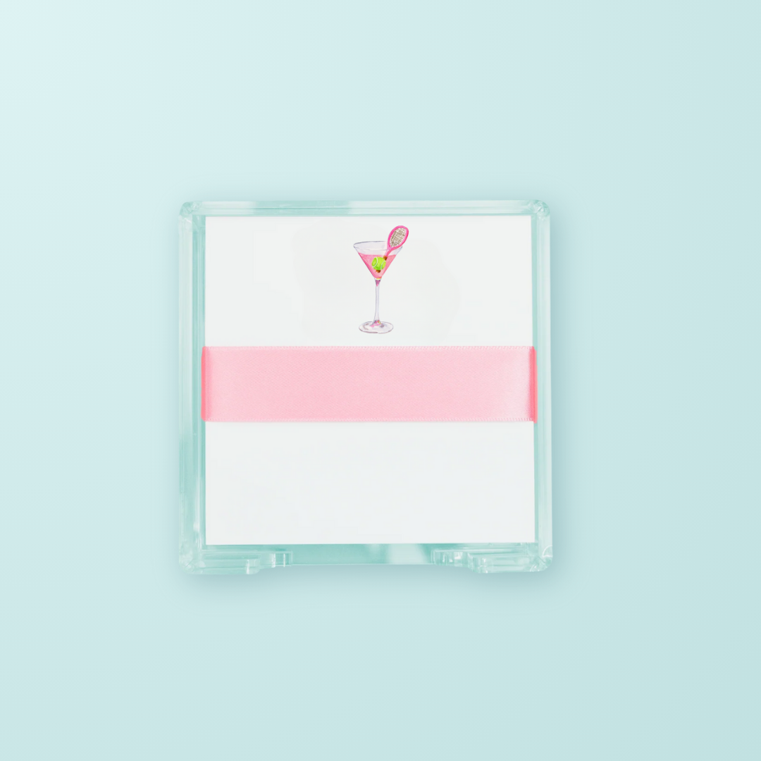 white notecards with martini glass on blue background
