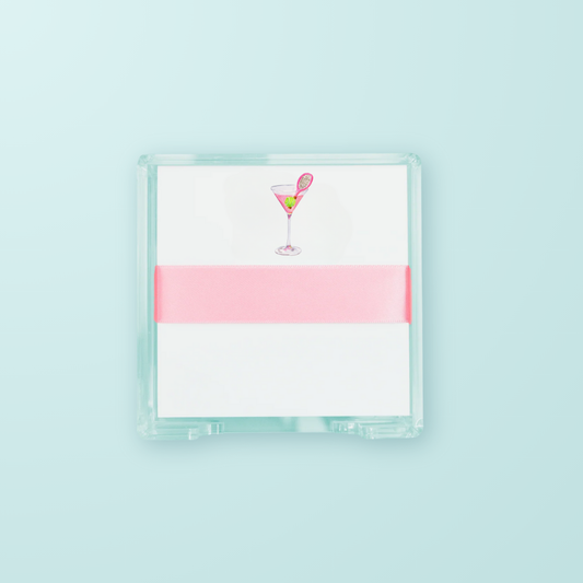 white notecards with martini glass on blue background