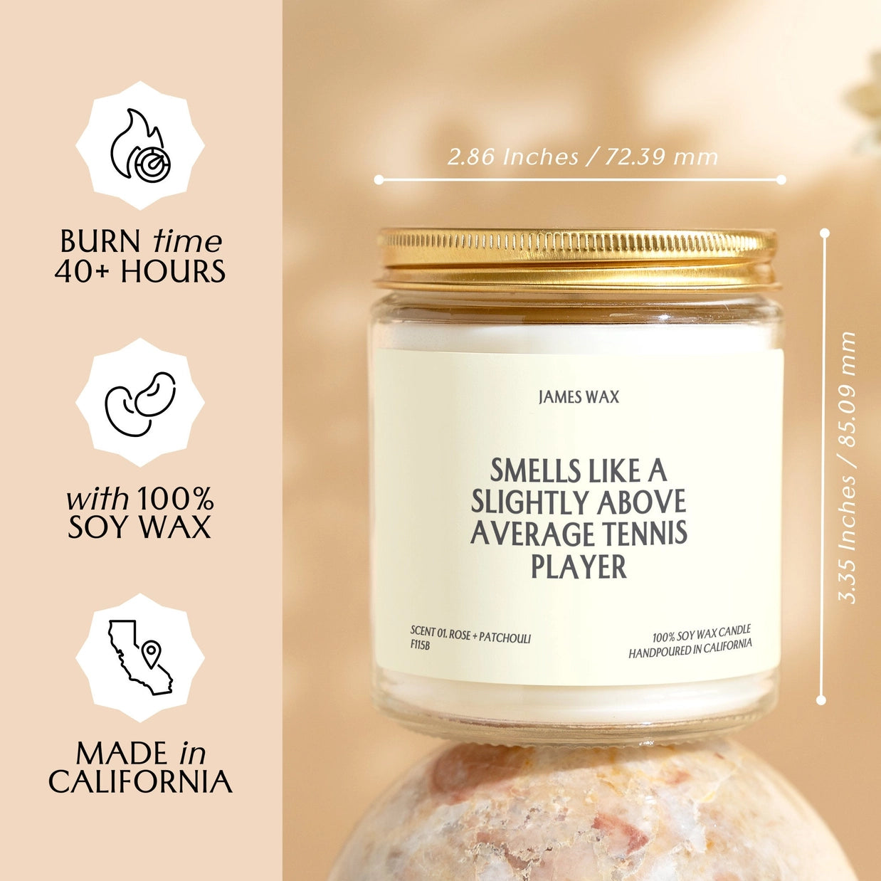 Burning candle with "smells like above average tennis player" on label. 