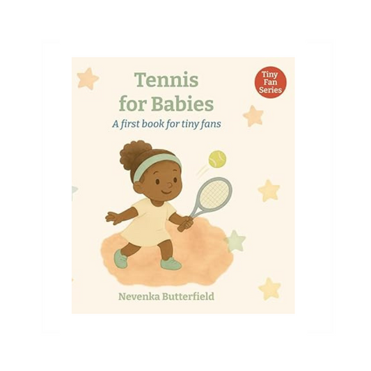 Book cover of 'Tennis for Babies' with a child playing tennis illustration on a light background.