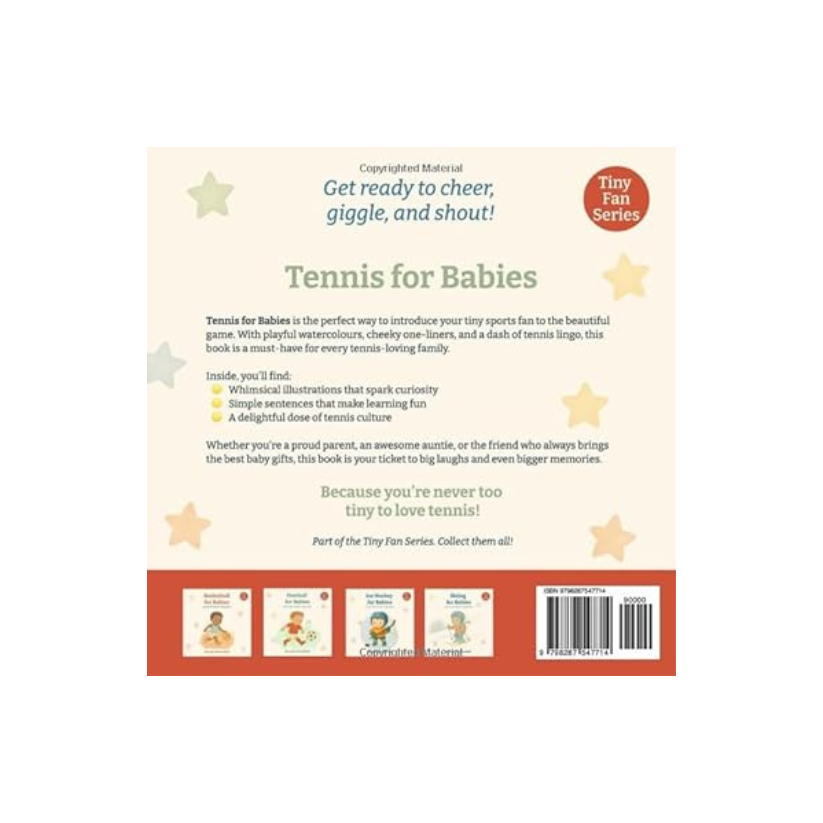 Back cover of a book titled 'Tennis for Babies' with text and small images of babies playing tennis.