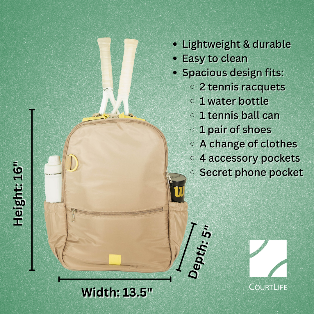 Beige backpack with tennis accessories on a green background, featuring dimensions and product features.