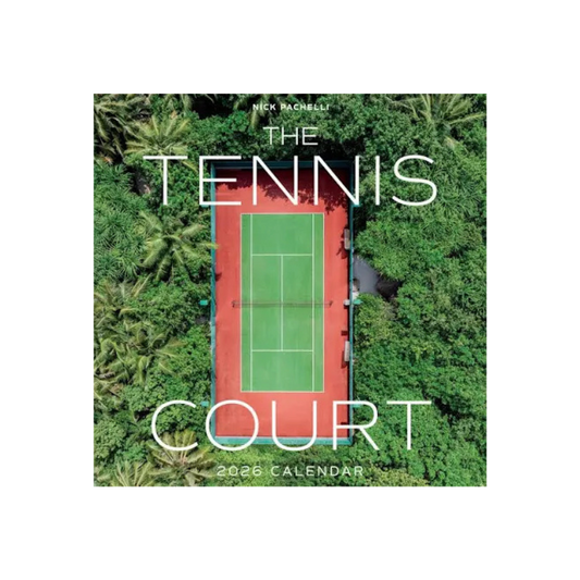 Calendar cover with an aerial view of a tennis court surrounded by trees, featuring the text 'The Tennis Court 2023 Calendar' by Nick Rachelli.
