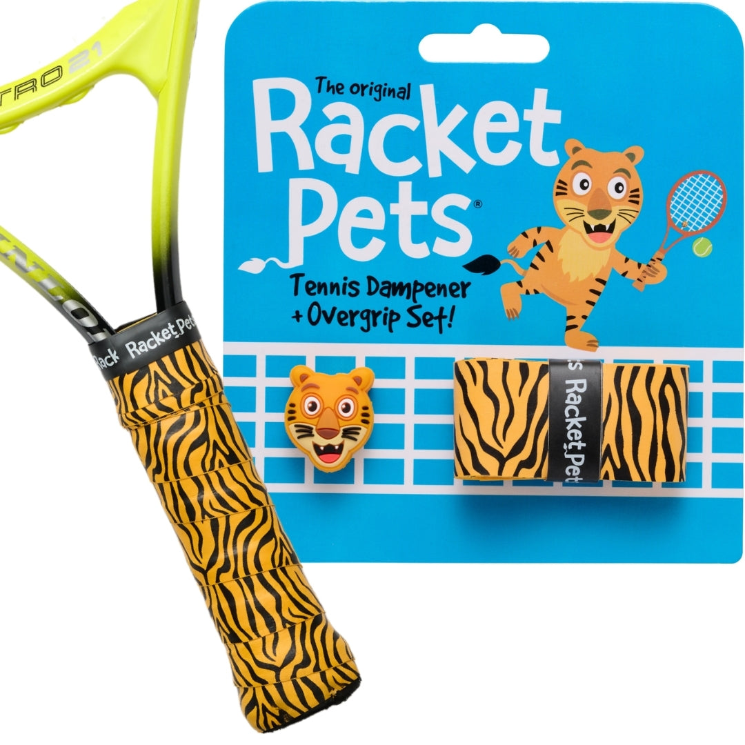 Racket Pets tennis dampener and overgrip set with tiger design on packaging