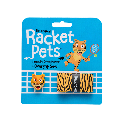 Racket Pets packaging with a tiger character on a blue background