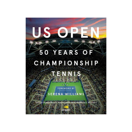 Book cover of 'US Open: 50 Years of Championship Tennis' with a tennis court and stadium image.