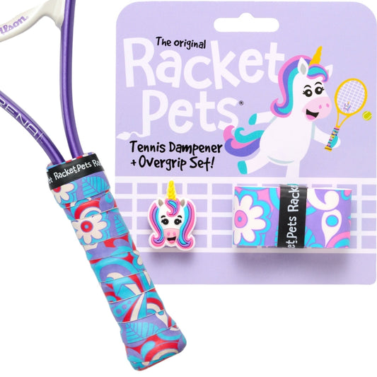 Racket Pets tennis dampener and overgrip set with packaging featuring a unicorn character.