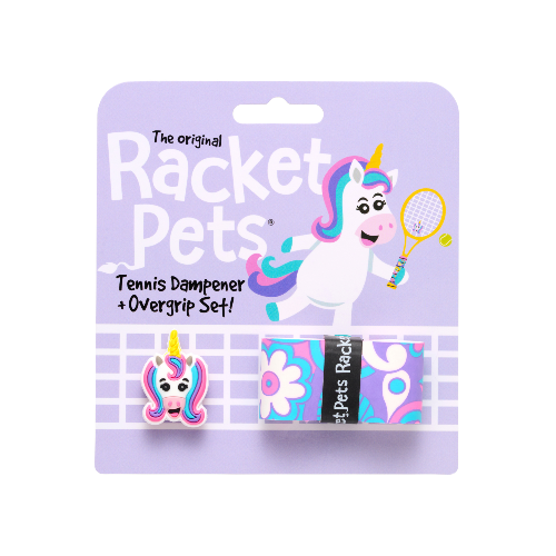 Racket Pets packaging with a unicorn design on a purple background