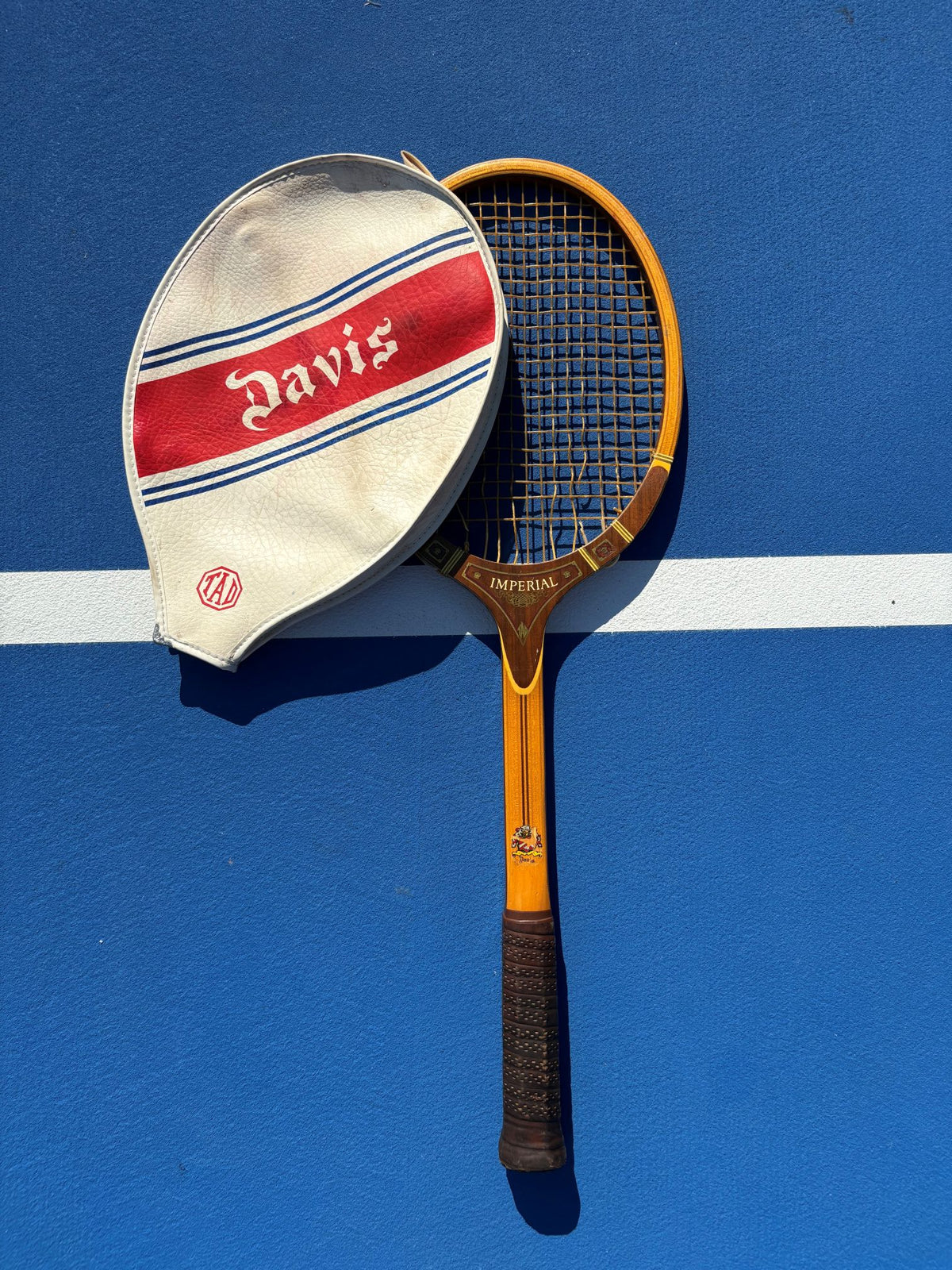 Vintage Wooden Tennis Racquet With white Davis racquet cover