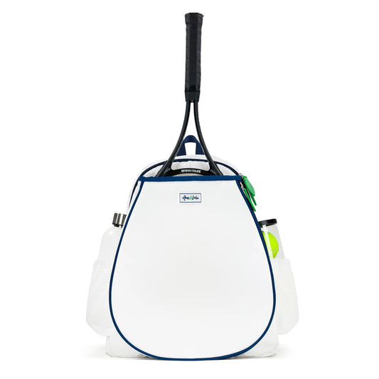 Tennis racket and balls inside a white bag on a white background