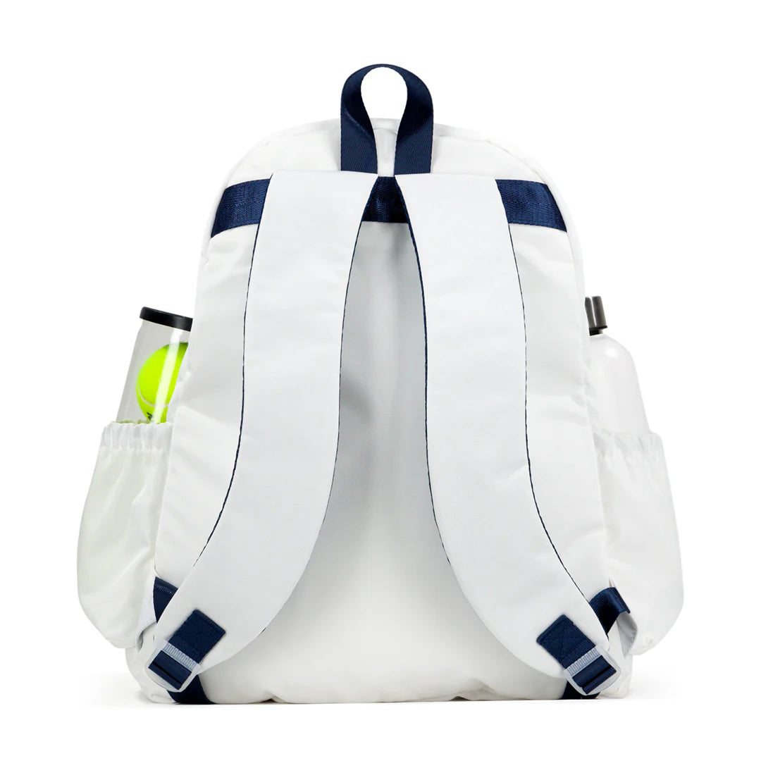 White Ame & Lulu game on tennis backpack with navy accents on a white background