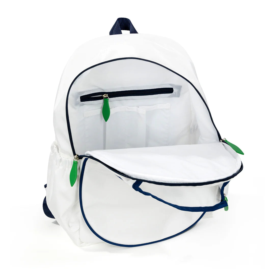 White backpack with green accents on a white background