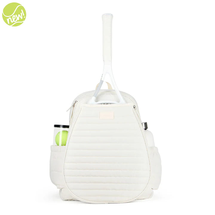 White tennis bag with a racket and ball on a white background
