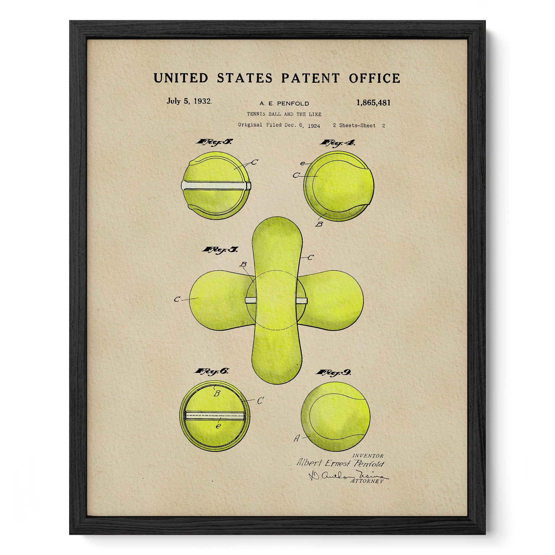 Patent poster of a tennis ball design from the United States Patent Office, featuring green illustrations on beige paper.