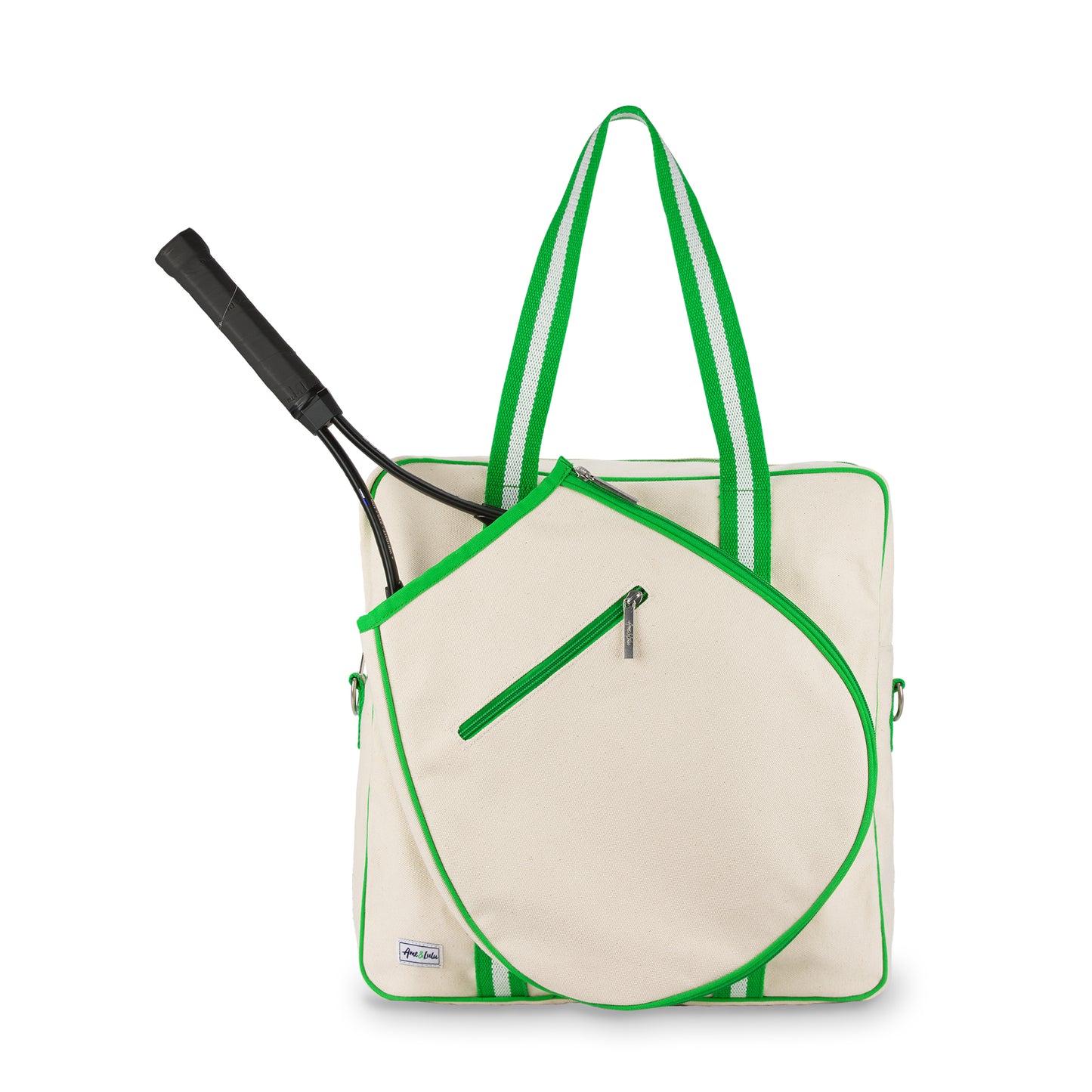 Ame & Lulu Hamptons tennis bag in white and limeade on Tennis DuJour.